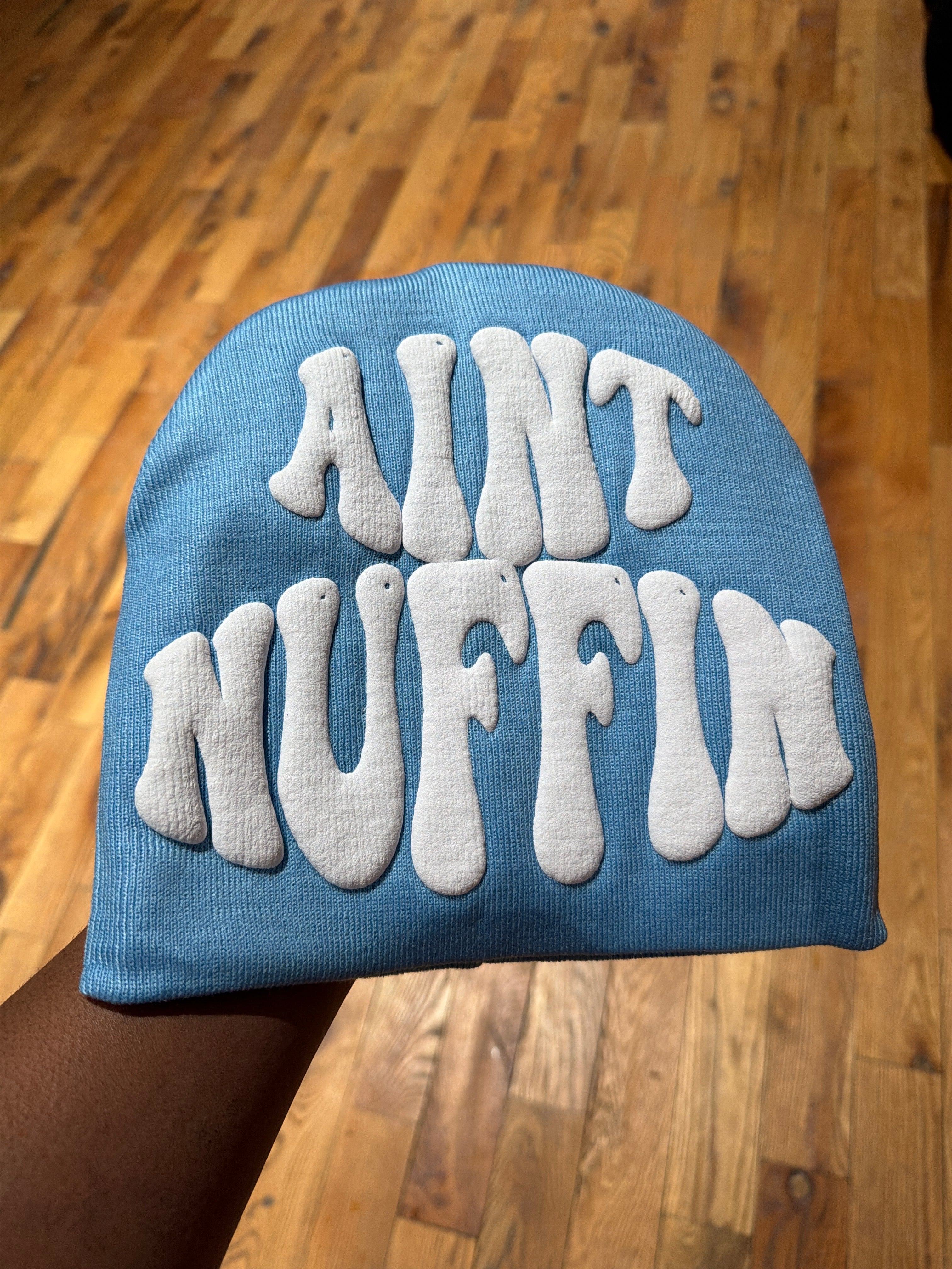 AINT NUFFIN  BLUE AND WHITE  BEANIE